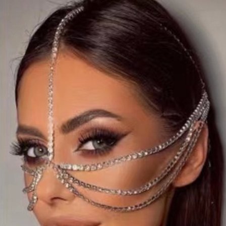 Rhinestone Face Chain Silver, Crystal Layered Bridal Head Chain Face J
