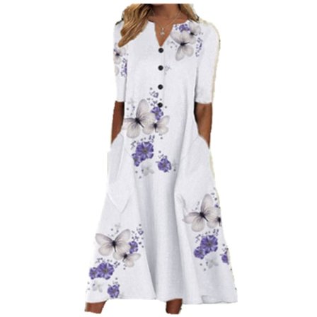 Kvinners kort ermet V-hals ankelkjole Kvinners casual sommer trykt knapp-ned V-hals kort ermet med lomme lang kjole(Hvit S)