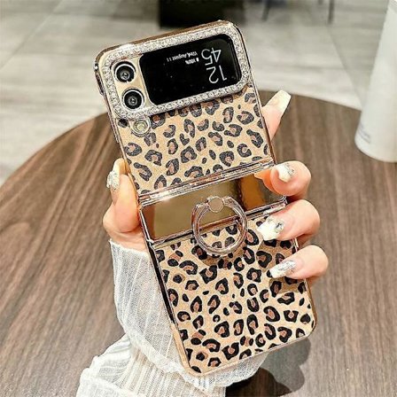 Passer til Samsung Galaxy Z Flip3 5G mobiltelefon cover leopard print ring stativ rhinestone hård PC mobiltelefon beskyttelsesetui