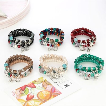 6 Set Bohemiska Armband, Kristallpärlade Armband, Charm Stretch Armband med Hänge, Dam Smycken