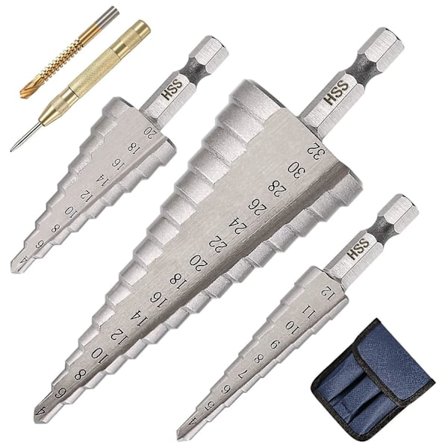 Trinvis Bor, 3stk (4-12/20/32mm) dobbeltsporet konisk trinvis bor med HSS titaniumbelægning, automatisk centerpunch og spiralbor inkluderet
