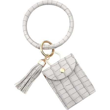 Armband med nyckelring i enfärgad PU-läder för kvinnor, nyckelplånbok, armband med fransar, nyckelring, handledstillbehör, grå