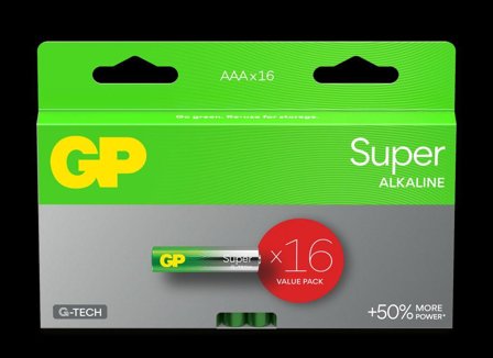 GP Super Alkaline Battery, Size AAA, LR03, 1.5V, 16-pack