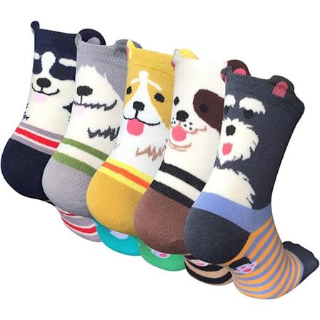 5 paria Damsockor med söta hundmönster, djursockor, färgglada, roliga, avslappnade bomullsstrumpor, jul, en storlek