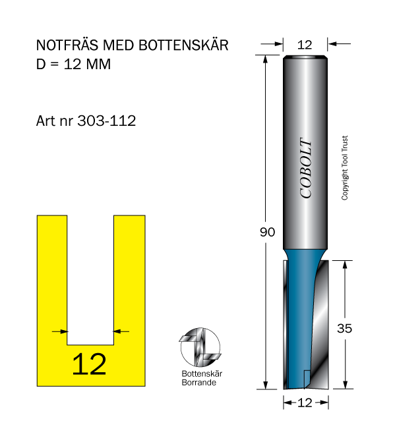 Cobolt 303-112 Notfräs D=12 L=35 TL=90 S=12, Maskintillbehör & förbrukning