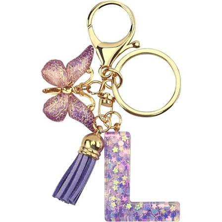 Nøkkelring med initialbokstav, lilla nøkkelring med initialbokstav med sommerfugl dusk anheng harpiks bokstav nøkkelring for kvinner lommebok vesker 