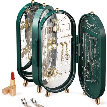 Pölytiivis esittelyteline, kokoontaitettava korvakoruteline, korujen säilytyslaatikko peilillä naisille, ihanteellinen lipastoihin, boudoireihin, 