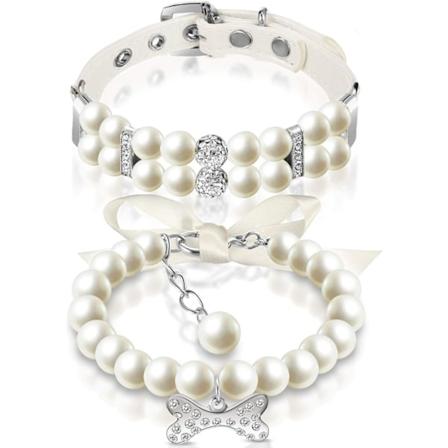 2 stk. Små Hunde Kat Perle Halskæder og KÆLEDYR Perle Halskæde Sæt Søde Mode KÆLEDYR PU Læder Halskæder Halskæde med Krystal Rhinestone til Hunde