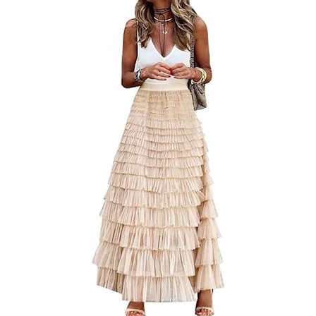Dam Tulle Maxi-kjol A-linje Rynkad Mesh Hög Midja Underkjol Beige