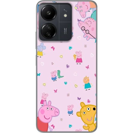 Kompatibel Mobilcover til Xiaomi Redmi 13C Peppa Gris med en baby i armene, morgris motiv i farverig og blød børneillustration med hjerter