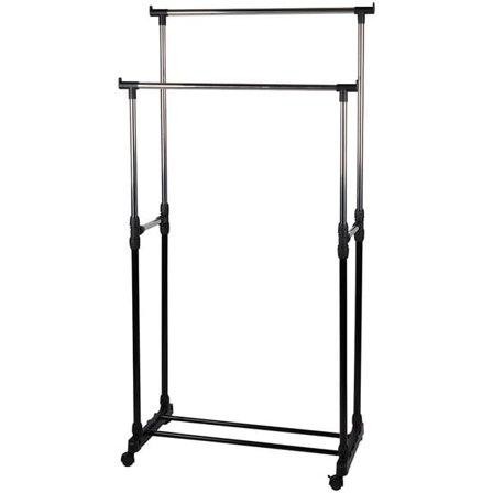 Liikuteltava ruostumattomasta teräksestä valmistettu vaateteline, jossa on säädettävä korkeus