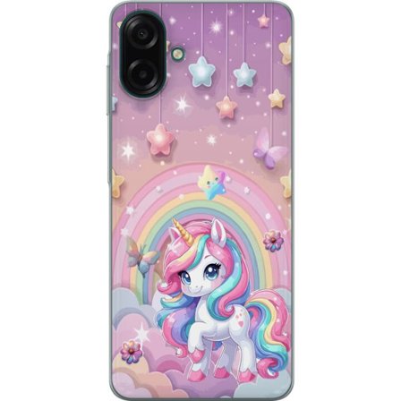 Kompatibel Mobilcover til Samsung Galaxy A07 4G Magisk enhjørning med regnbue manke, stjerner og sommerfugle mod en pastelfarvet himmel med skyer