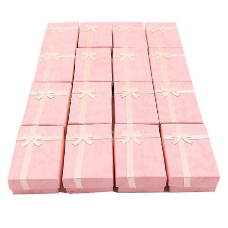 16 stk. smykkeskrin i papir til smykkeutstilling - ringer, små klokker, halskjeder, øredobber, armbånd