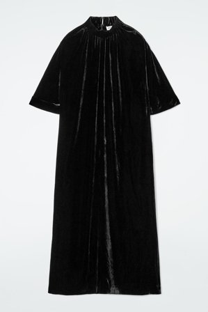 COS Femme Robe Midi Froncée Velours De Soie Mélangée Dress in Noir