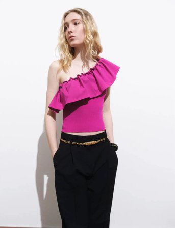 Mango Asymmetrical Top In Combined Fabric - Pink - L