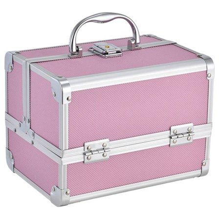 Kosmetikboks med justerbar udtræksbakke, bærbar makeup-taske med udvidelige rum og opretstående spejl, låsbar makeup-togtaske
