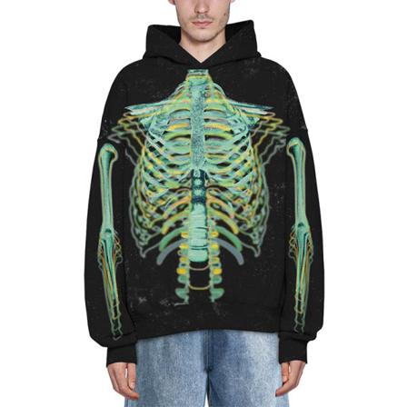 Damer Skull Print Pullover Color Block Hooded Tops