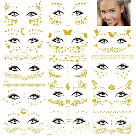 Ocean 14 Ark Face-Tatueringar, Face Stickers Glitter Guld