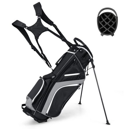 COSTWAY Golf Stand Bag - Regntät huva - 14 Way Top Dividers - 6 fickor - Kylarväska - Dubbel rem - Grå