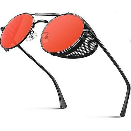 Polariserte solbriller for menn og kvinner, runde steampunk-solbriller, gotiske solbriller med sidebeskyttelse (rød)