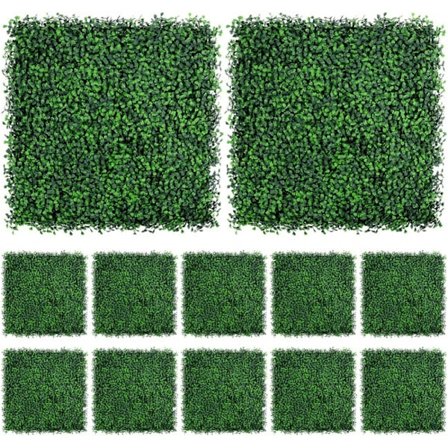 12-pakke kunstgressveggpaneler, buksbomimitasjon, solbeskyttet, skjermvegg, 25x25 cm, utendørs