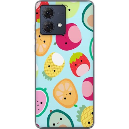 Kompatibel Mobilcover til Motorola Moto G84 Mønster af kawaii frugter som jordbær citron ananas og avocado på lyseblå baggrund