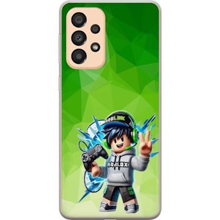 Kompatibelt Mobildeksel til Samsung Galaxy A33 5G Roblox-inspirert gamerfigur med headset, håndkontroll og energiske effekter mot grønn bakgrunn