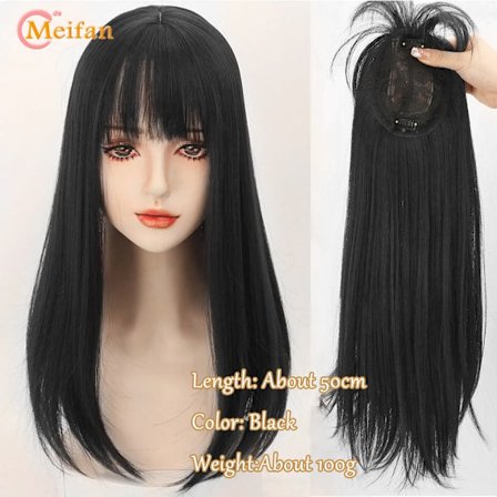 MEIFAN Långt rakt hår Toppers Clip Hair Extensions Syntetiskt hår Topper Natural Black Brown 3-Clip with Bang Fake Hairpiere