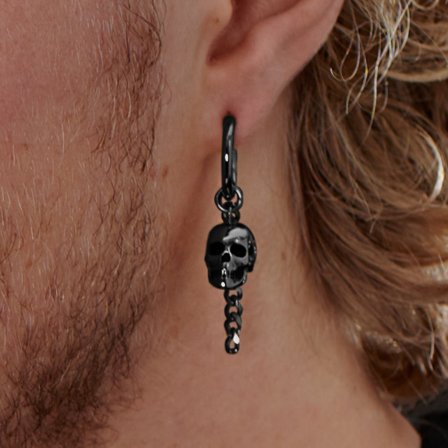 Pendiente de aro de acero negro con colgantes de calavera y cadena para hombres - Pendientes de aro con colgante