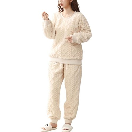 HAUFR Dame Fluffy Fleece Pyjamas Set 2 deler Varm Fleece Pyjamas Set Myke nattklær Langærmede Crewneck lommer Bukser Y