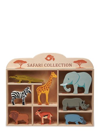 Tender Leaf | Display Shelf With 8 Wooden Animals - Safari | ONE SIZE