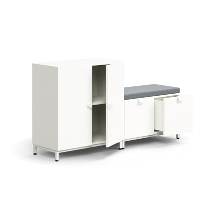 Opbevaring QBUS, skab + bænk med opbevaring, benstel, håndtag, 868x1600x420 mm, hvid, grå pude