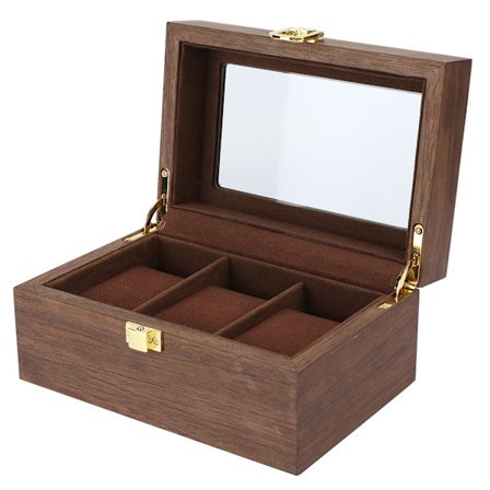 Trä Klockdisplaylåda med 3 Fack Transparent Fönster Klockförvaringslåda (Svart Valnöt Färg)