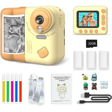 Instant Børne Fotokamera, 1080P 2.4" Instant Print Kamera til Børn med Termisk Papir Farve Tusser Halsrem, Gul