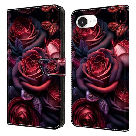 iPhone 16e Etui med pung Mønster print Stand Leather Flip Phone Cover - Sort Rose