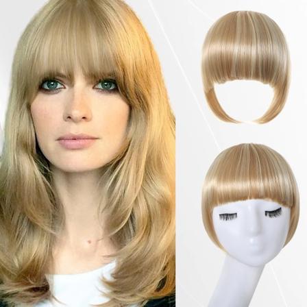 Syntetiska peruker Bangs Blond Highlight Trubbig lugg med två klämmor Hårförlängningar Kvinnors naturliga hår i hårstycken NLH1007-7