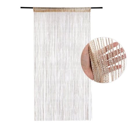 Dörrgardiner av rep, fönster med tofsar, rumsavdelare med tofsar, rumsavdelare med silverband (champagnefärg)