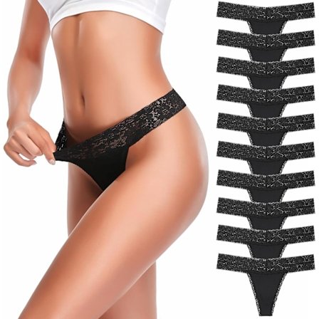 2025 Senaste Modell Trosor för Kvinnor Sexiga Spetsunderkläder Bomull Låg Midja Andningsbara Stretch T-Back Stringtrosor 10-pack Svart Me