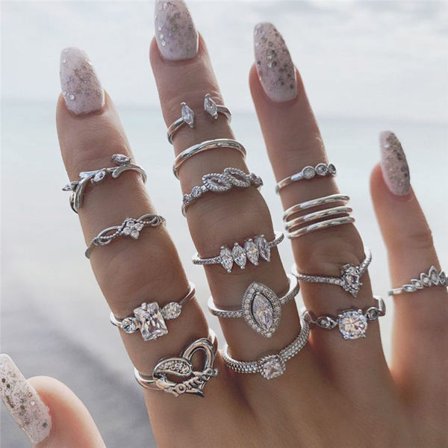 15PCS Rings Set Boho Finger Ring Hollow Heart Leaves Flower