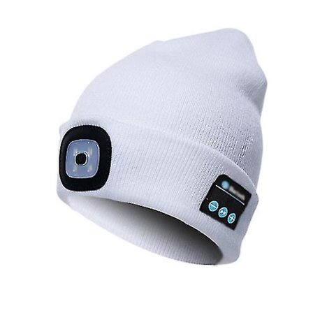Hue med aftagelig lys og Bluetooth, USB-genopladelig trådløs hovedtelefon løbehjulshue, unisex udendørs hue (hvid)