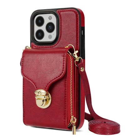 Etui til iPhone 13 Pro Max rød lanyard lynlås crossbody spænde pung stativ multi kort fuld pac