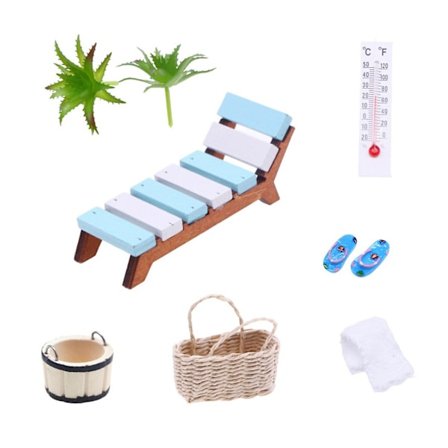 1 Set Dockskåp Miniatyr Bastu Kit Mini Trädäckstol Handduk Tofflor Korg Hink Växter Termometer Modell Leksak Sommar Strandscen Dekoration