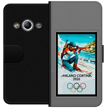 Kompatibelt Lommeboketui til Samsung Galaxy Xcover 3 Retroplakat Cortina Milano 2026 med fjell, vintersportsutøvere, italienske trikolor, Milano-kated