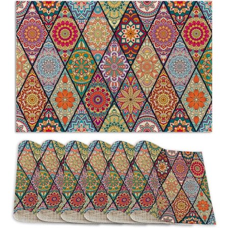Set med 6 tvättbara, färgglada bohemiska bordstabletter, halkfria, värmebeständiga, 30x45 cm tjocka dekorativa bordsunderlägg i linne för matbord, ...