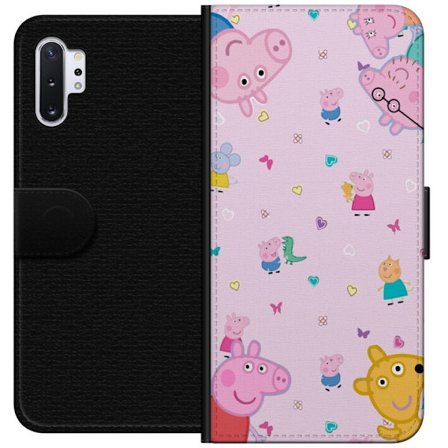 Kompatibel Tegnebogsetui til Samsung Galaxy Note10+ Peppa Gris med en baby i armene, morgris motiv i farverig og blød børneillustration med hjerter