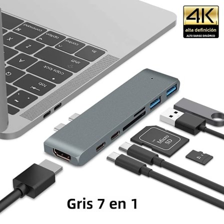 Grå, 7-i-1, USB 3.1 Type-C til HDMI Hub Adapter, 4K Thunderbolt 3 USB-C Hub, 3.0 SD/TF Kortlæser, til MacBook Air 13, 15 Pro, 14 M4, M3, M2, M1