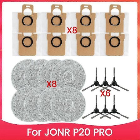 Udskiftningssæt til JONR P20 PRO robotstøvsuger, støvposer, sidebørster, moppeklude, Par