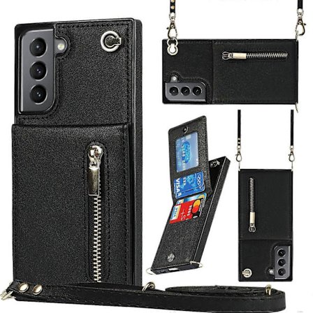 Fodral for Samsung Galaxy S21 5G Cross-body med glidelås, firkantet TPU+PU bakside, med holder, kortlommer, lommebok og rem