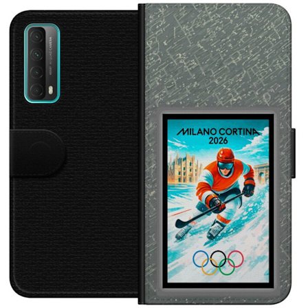 Yhteensopiva Lompakkokotelo Huawei P smart 2021 Curlingkuvitus pelaajilla ja kivillä jäällä, Milano Cortina 2026, lumisia roiskeita ja olympiasormukse