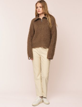 Once Untold Florie Brushed Zip Knit - Brown - M